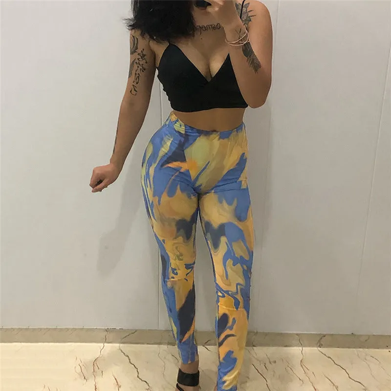 Wjczt Tie Dye Printed High Waist Leggings Y2K Vintage Sportswear Push Up Work Out Aesthetic Fitness Gym Wear Summer