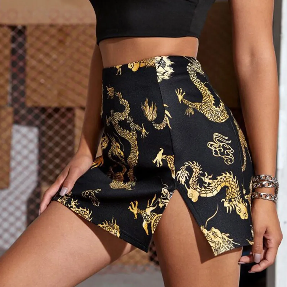 Wjczt Women Y2K Dragon Pattern Printing Split Vintage High Waist Skinny Summer Sexy Mini Skirt Streetwear Party Club Skim