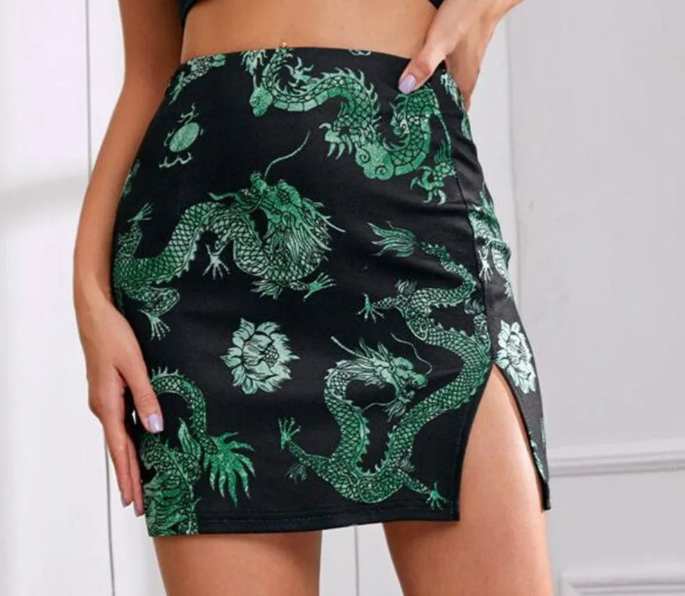 Wjczt Women Y2K Dragon Pattern Printing Split Vintage High Waist Skinny Summer Sexy Mini Skirt Streetwear Party Club Skim