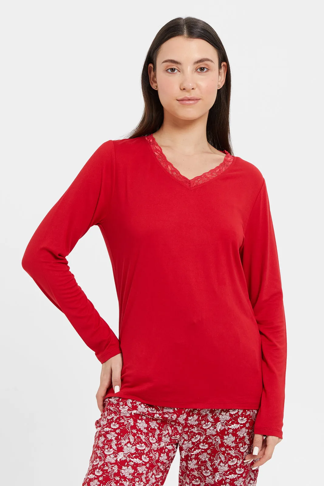 Women Red Long Sleeve Pyjama Set (2 Piece)