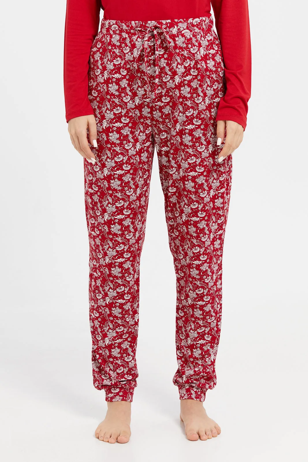 Women Red Long Sleeve Pyjama Set (2 Piece)