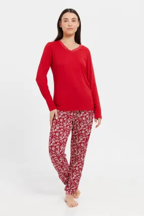 Women Red Long Sleeve Pyjama Set (2 Piece)