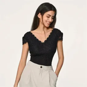 Women Short Sleeve V Neck Lace Bodysuits