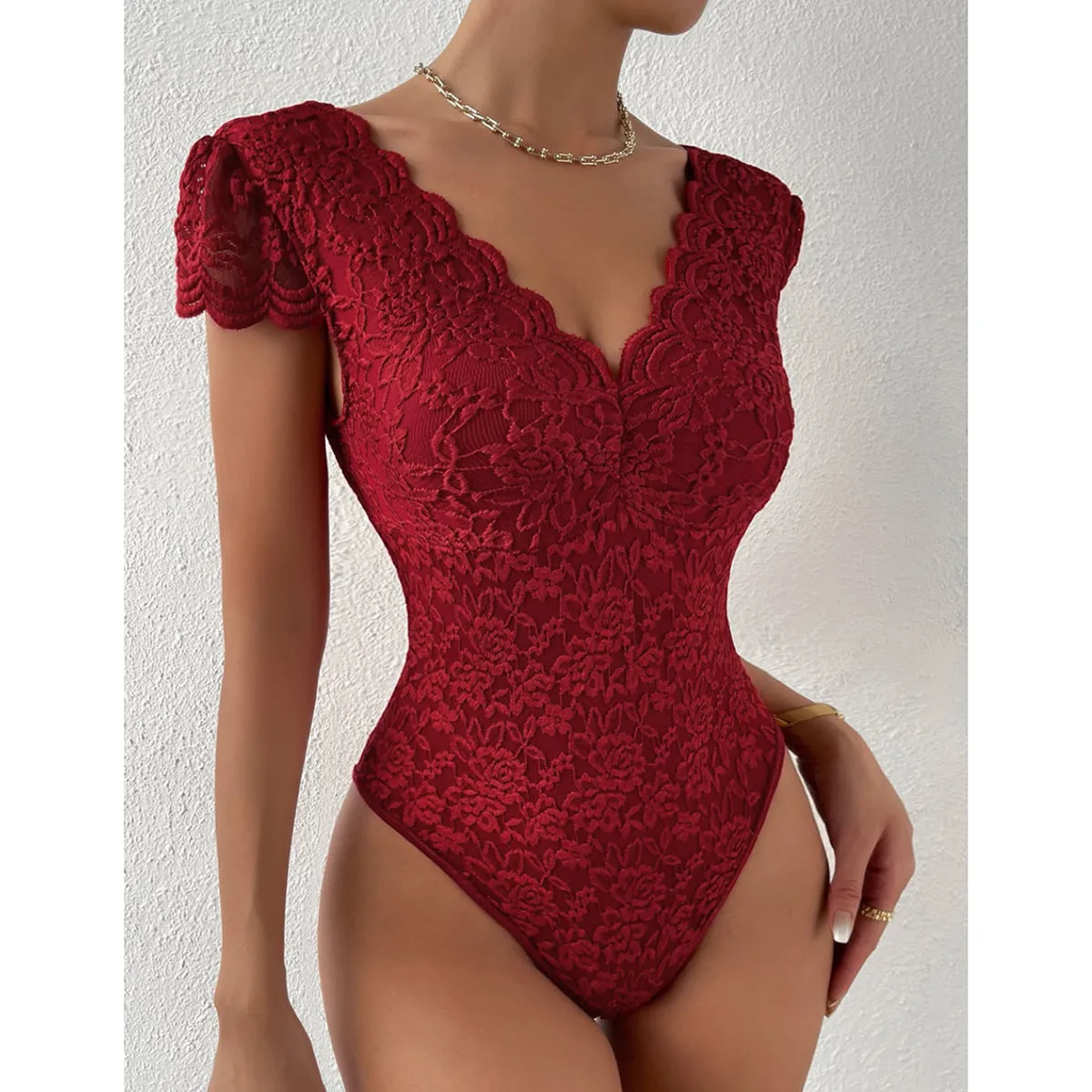 Women Short Sleeve V Neck Lace Bodysuits