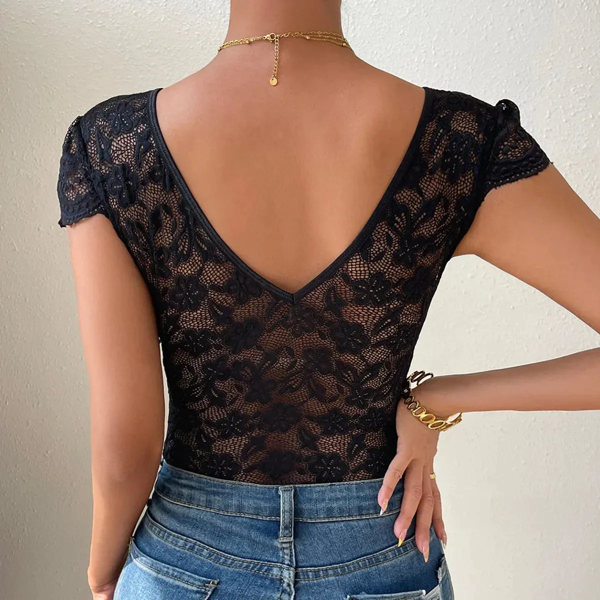 Women Short Sleeve V Neck Lace Bodysuits