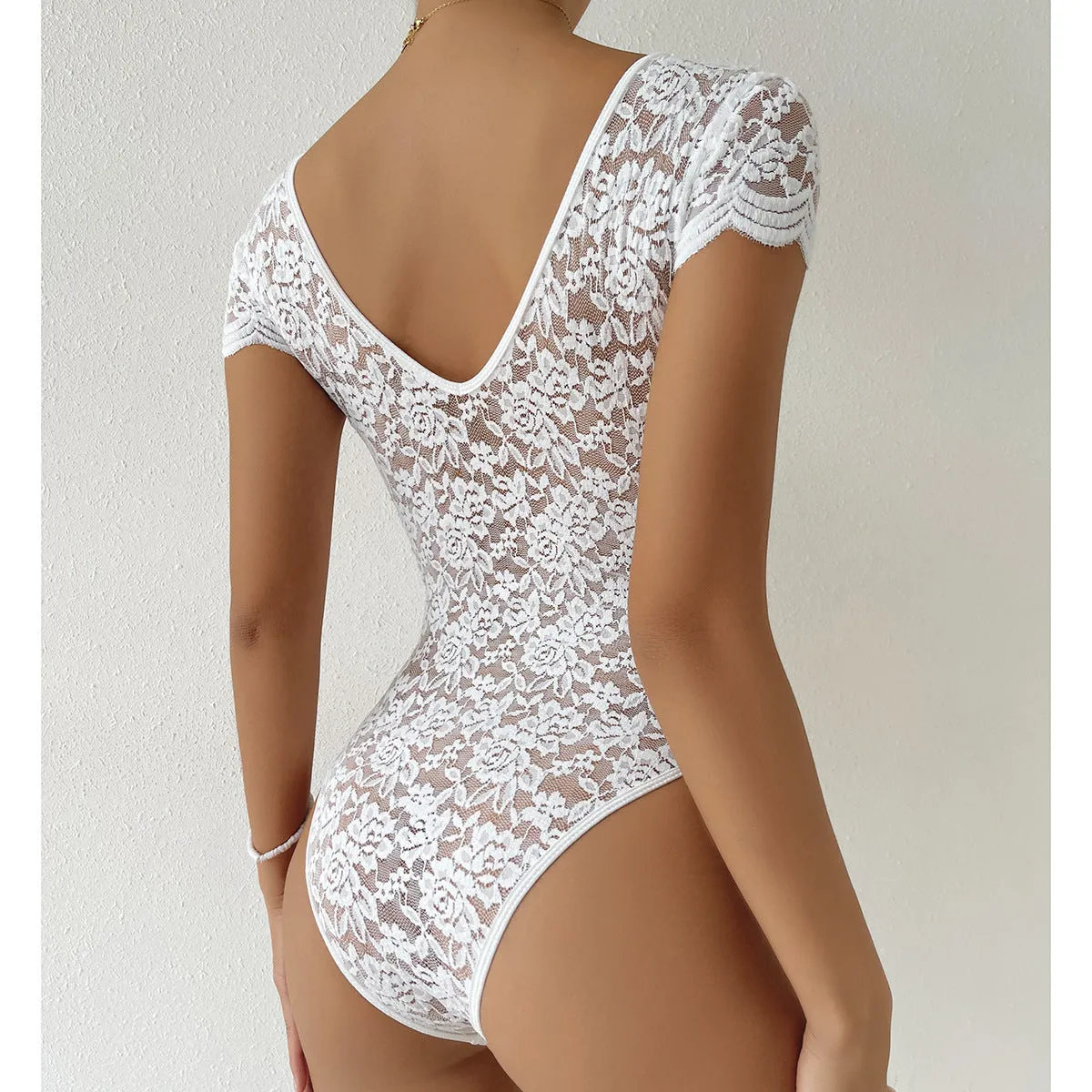 Women Short Sleeve V Neck Lace Bodysuits