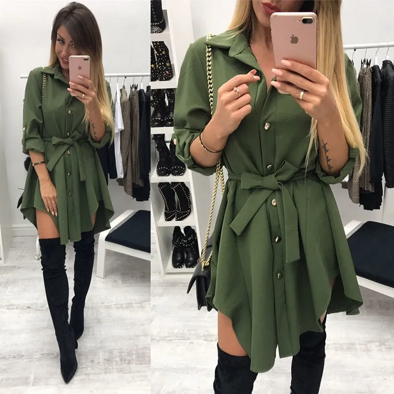 Women wrap dress Long sleeve turn down collar short mini dresses