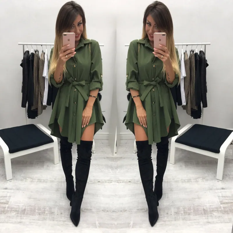 Women wrap dress Long sleeve turn down collar short mini dresses