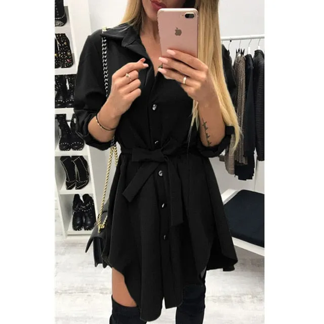 Women wrap dress Long sleeve turn down collar short mini dresses