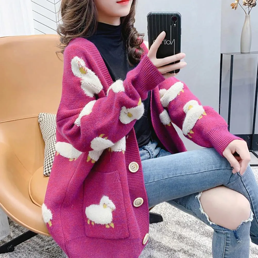 Women Y2K Knit Cardigan Kawaii Sheep Embroidery Preppy Sweater