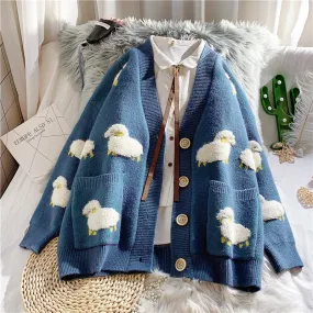 Women Y2K Knit Cardigan Kawaii Sheep Embroidery Preppy Sweater