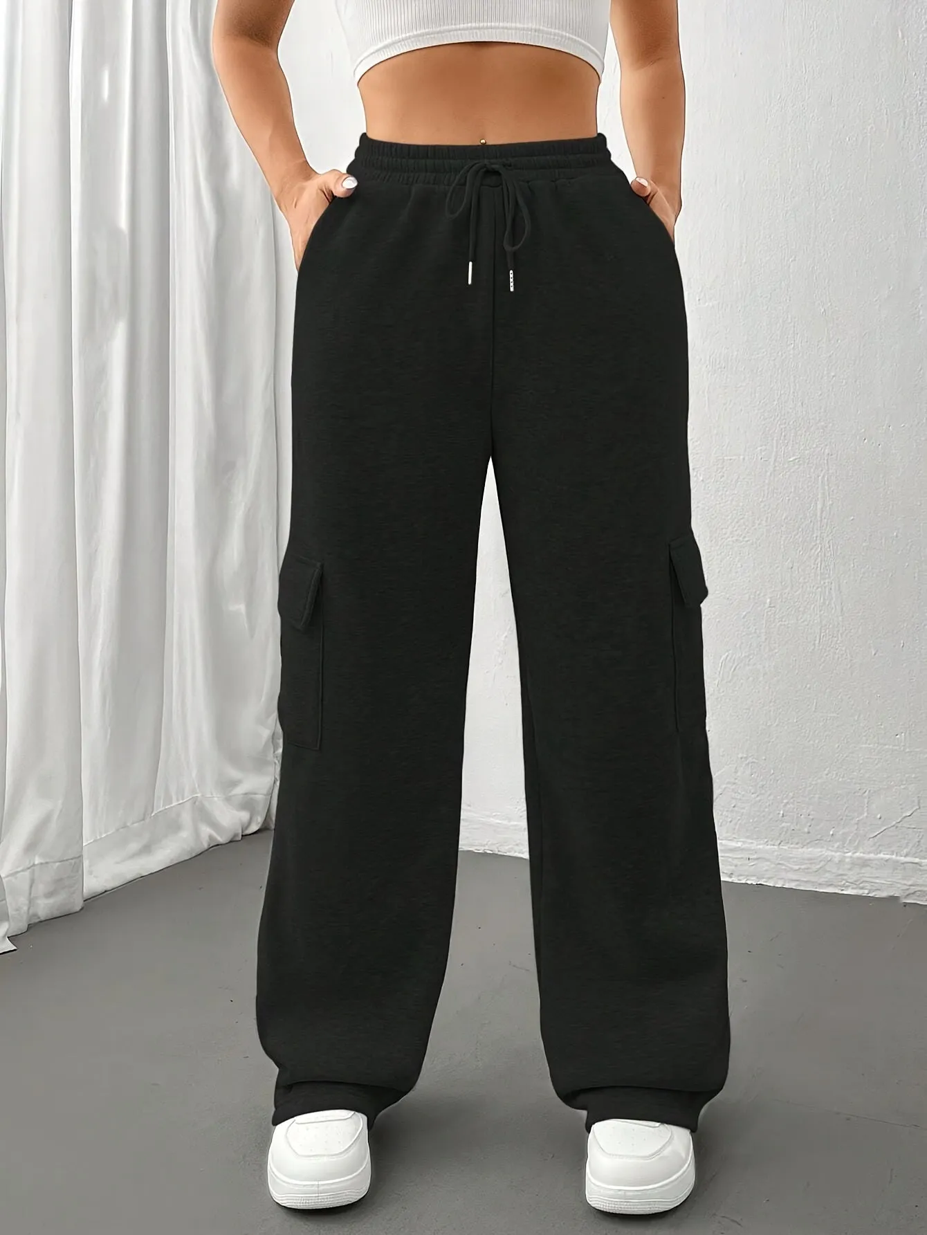 Women's Flap Pockets Straight Leg Sweatpants, Casual Slant Pockets Drawstring Elastic Waist Pants