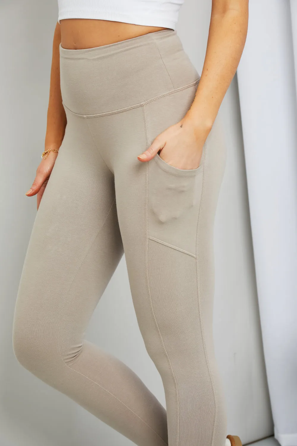 Zenana Ready to Roll Full Size Wide Waistband Pocket Leggings in Ash Mocha