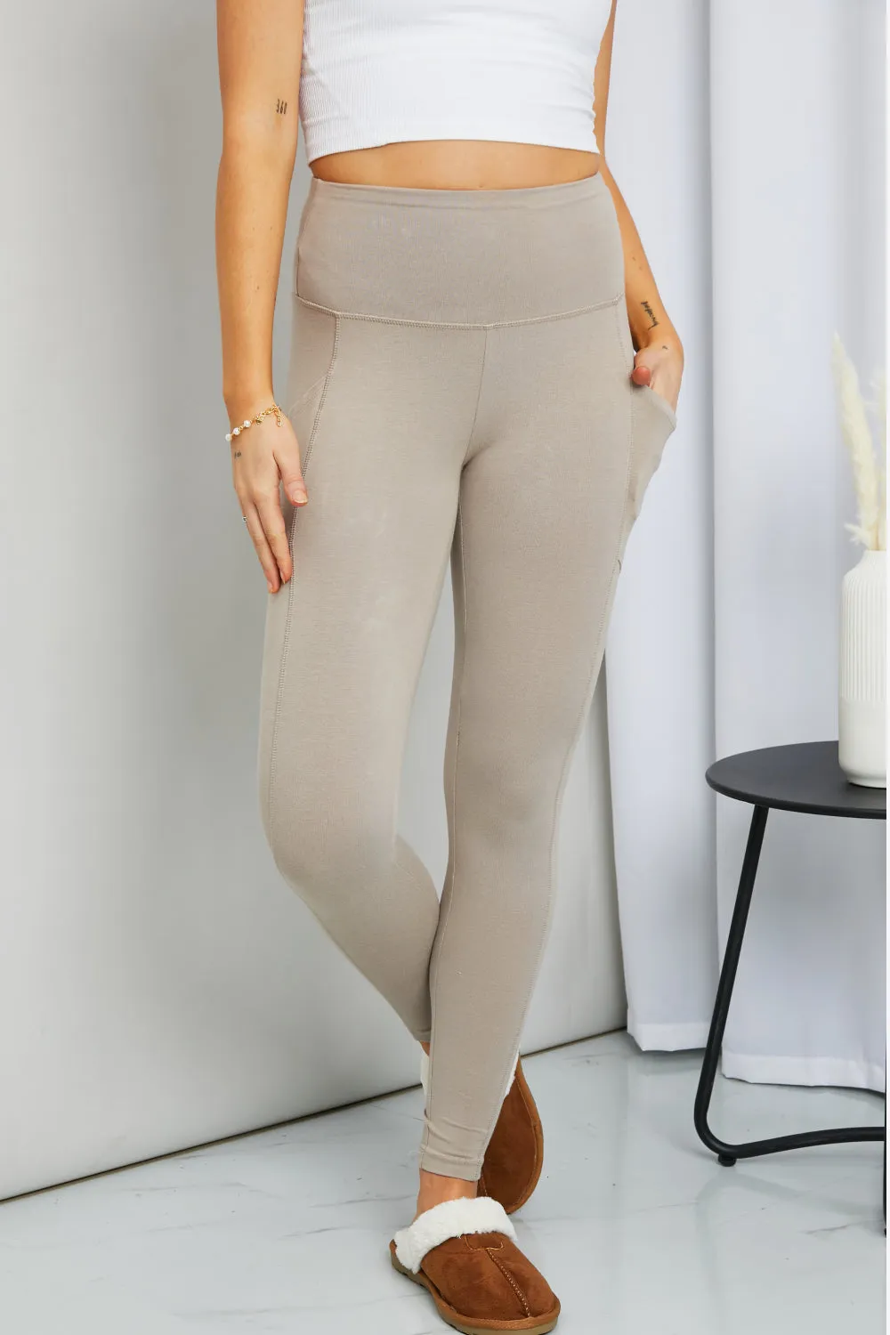 Zenana Ready to Roll Full Size Wide Waistband Pocket Leggings in Ash Mocha