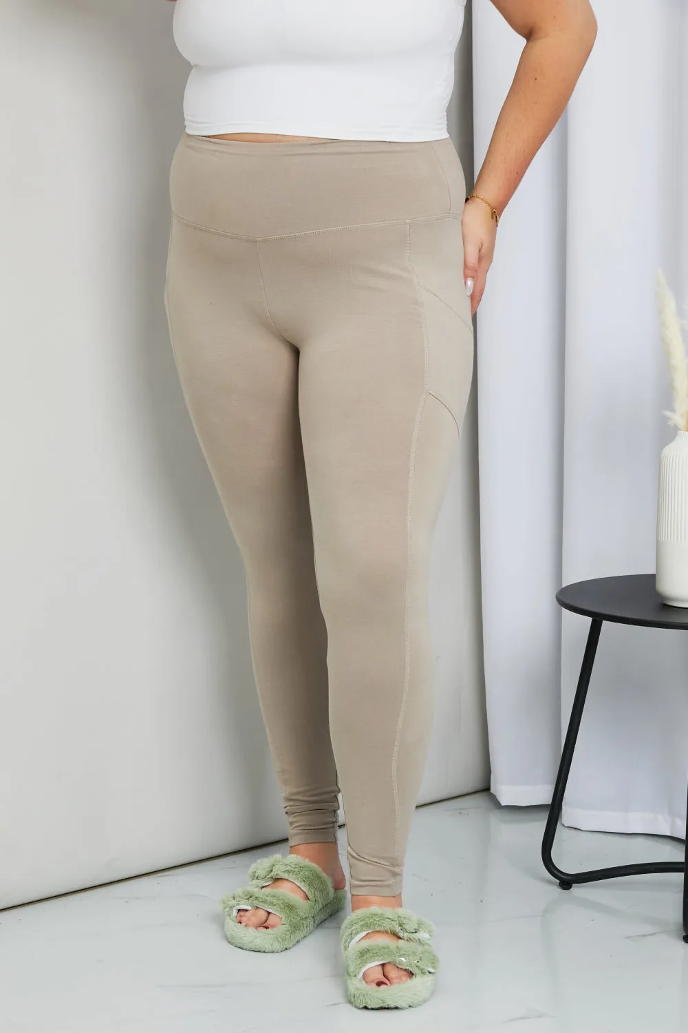 Zenana Ready to Roll Full Size Wide Waistband Pocket Leggings in Ash Mocha