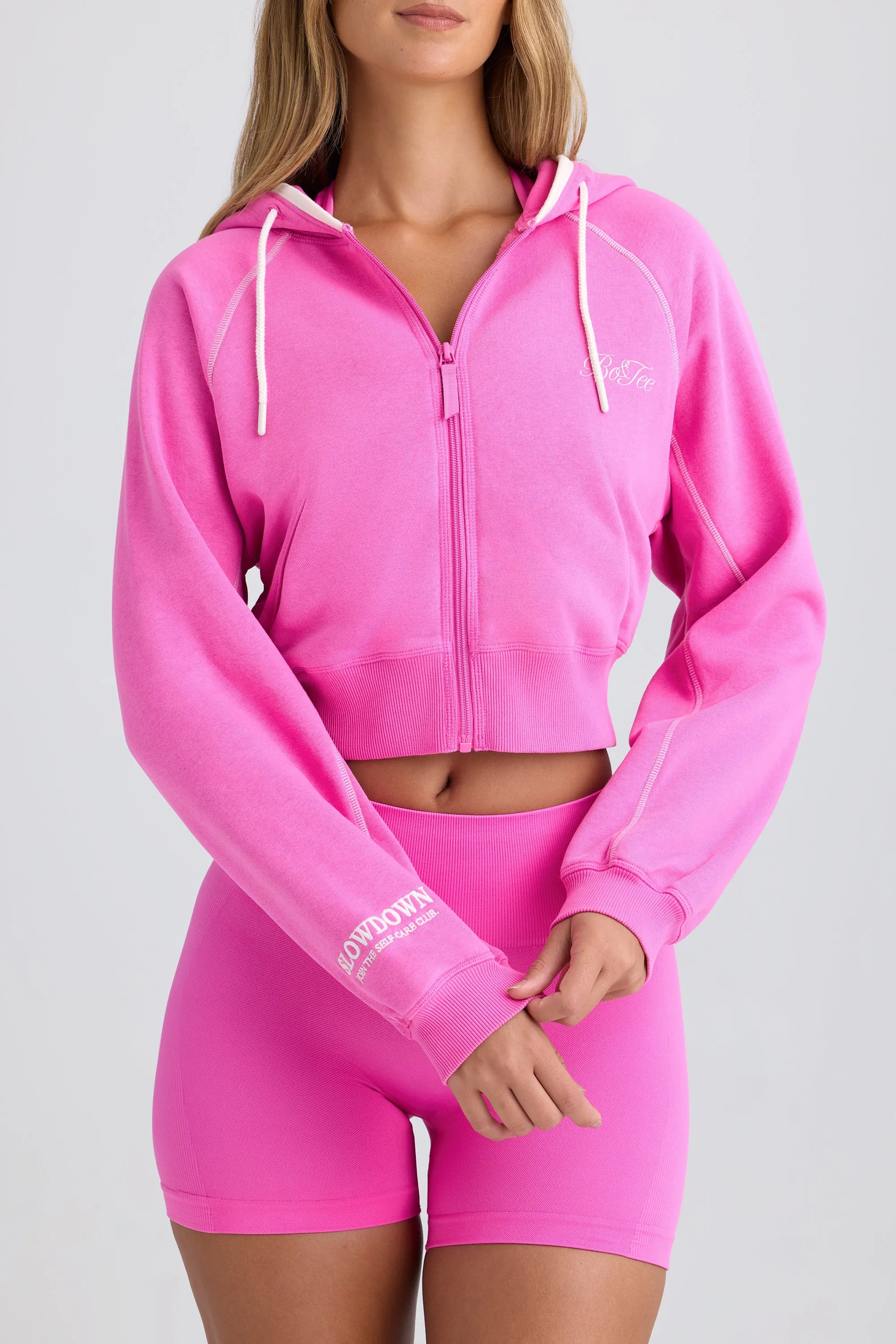 Zip-Up Cropped Hoodie in Sugar Pink